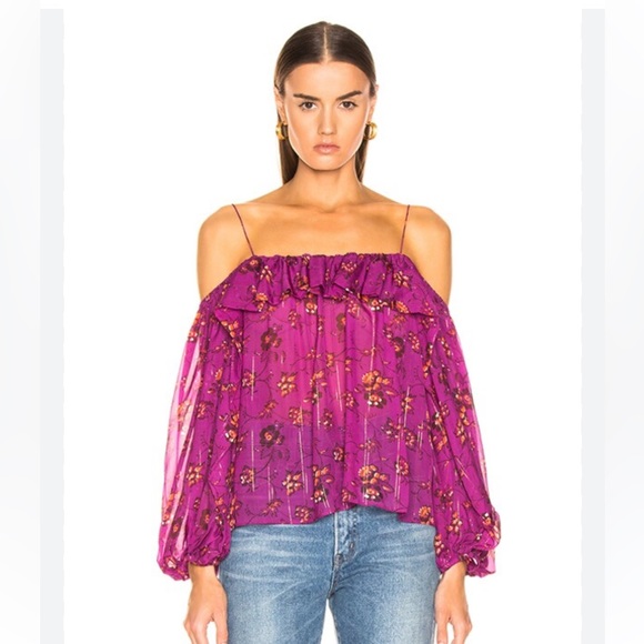 Ulla Johnson Fuchsia Pink Silk Coline Blouse Shirt Cold Shoulder Top Size S - Picture 2 of 8